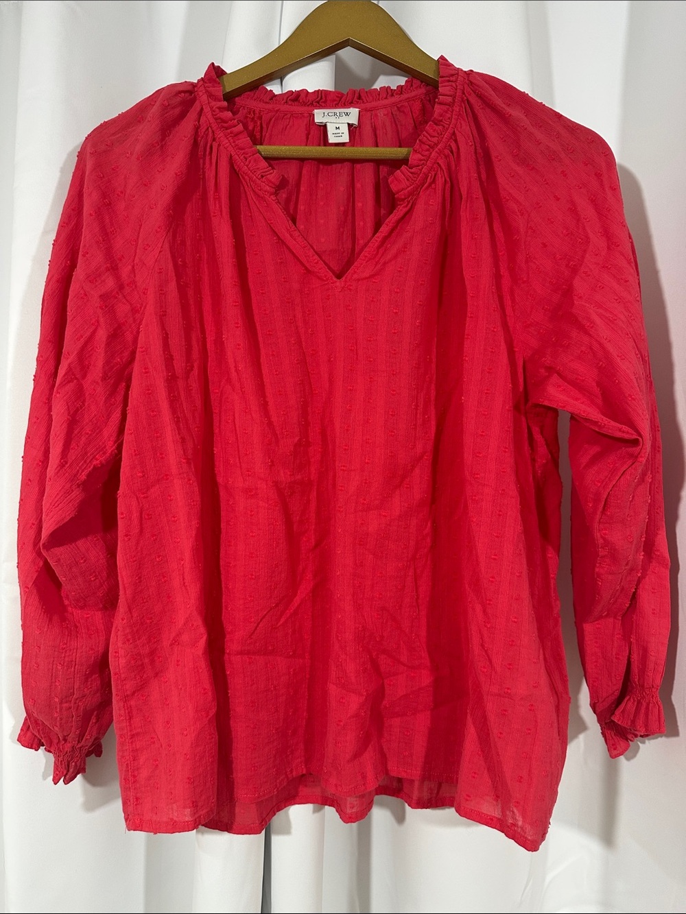 J.Crew Pink Swiss Dot Cotton Peasant Blouse Size Medium Boho Puff Sleeve Top